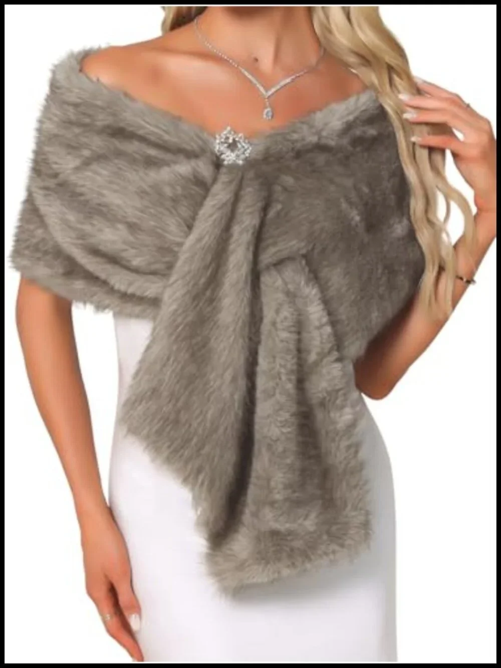 Faux Fur Shawl Wrap for Wedding Bridal Winter Cape Stole with Rhinestone Brooch